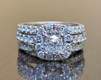 14K White Gold Cushion Cut Diamond Engagement Ring Bridal Set - Halo Cushion Cut Diamond Wedding Ring - Halo Diamond Engagement Bridal Set