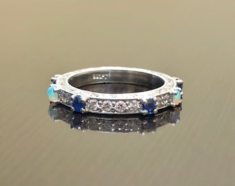 Hand Engraved Art Deco Platinum Diamond Blue Sapphire Opal Engagement Band - Art Deco Opal Sapphire Diamond Wedding Band - Platinum Band