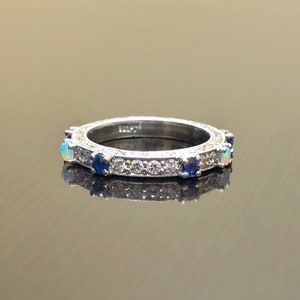 Hand Engraved Art Deco Platinum Diamond Blue Sapphire Opal Engagement Band - Art Deco Opal Sapphire Diamond Wedding Band - Platinum Band