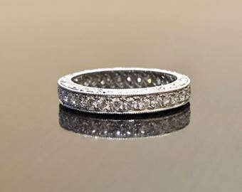 Hand Engraved Platinum Eternity Diamond Engagement Band - Platinum Art Deco Diamond Wedding Band - Diamond Eternity Band - Platinum Band