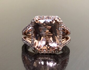 14K Rose Gold Halo Morganite Diamond Engagement Ring - 14K Gold Diamond Morganite Wedding Ring - Art Deco Rose Gold Diamond Morganite Ring