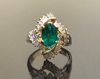 Art Deco Diamond Emerald Engagement Ring - 14K Gold Emerald Diamond Ring - Art Deco Ring - Wedding Ring - Baguette Diamond Emerald Ring