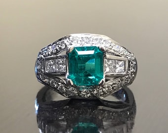 Platinum Art Deco Diamond Emerald Engagement Ring - Art Deco Platinum Emerald Diamond Wedding Ring - Art Deco Diamond Emerald Platinum Ring