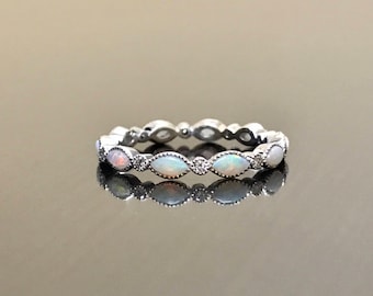 14K White Gold Diamond Eternity Opal Engagement Band - Gold Diamond Opal Wedding Band - Art Deco Opal Diamond Band - White Gold Opal Band
