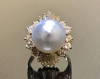 14K Yellow Gold Art Deco Pearl Diamond Engagement Ring - Art Deco 14K Gold Halo Diamond Pearl Wedding Ring - Pearl Diamond Ring - Pearl Ring