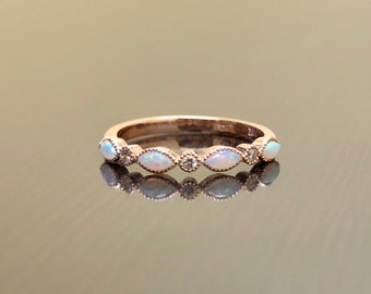 14K Rose Gold Diamond Opal Engagement Band - Rose Gold Diamond Opal Wedding Band - Opal Diamond Band - Opal Marquise Diamond Rose Gold Band