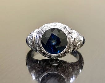 Art Deco 14K White Gold Sapphire Diamond Engagement Ring - 14K Gold Art Deco Sapphire Diamond Wedding Ring - Hand Engraved Sapphire Ring