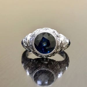 Art Deco 14K White Gold Sapphire Diamond Engagement Ring - 14K Gold Art Deco Sapphire Diamond Wedding Ring - Hand Engraved Sapphire Ring