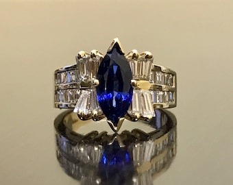 Art Deco 14K Yellow Gold Ceylon Blue Sapphire Diamond Engagement Ring - 14K Art Deco Sapphire Diamond Wedding Ring - Marquise Sapphire Ring