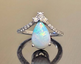 Art Deco 14K White Gold Diamond Pear Shape Opal Engagement Ring - 14K Gold Art Deco Opal Diamond Wedding Ring - 14K Gold Diamond Opal Ring