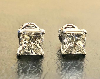 14K White Gold Princess Cut Diamond Stud Earrings - Handmade White Gold Princess Cut Three Carat Diamond Earrings - Princess Cut Earrings