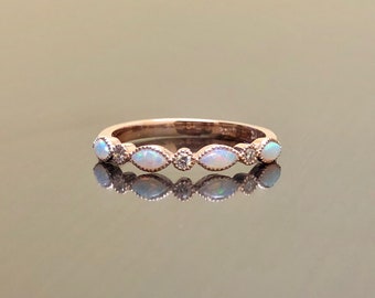 18K Rose Gold Diamond Opal Engagement Band - Rose Gold Opal Diamond Wedding Band - 18K Opal Diamond Band - Marquise Opal Rose Gold Band