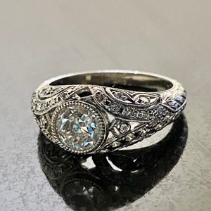 GIA Certified Platinum Hand Engraved Art Deco Old European Diamond Engagement Ring - Handmade Art Deco Platinum GIA Diamond Wedding Ring