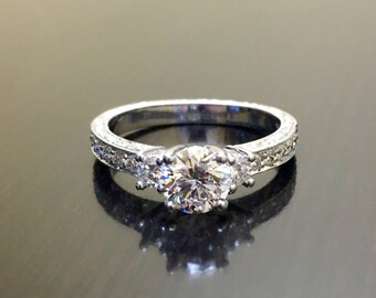 Platinum Art Deco Diamond Engagement Ring - Art Deco Platinum Three Stone Diamond Wedding Ring - Hand Engraved Platinum Ring - Diamond Ring