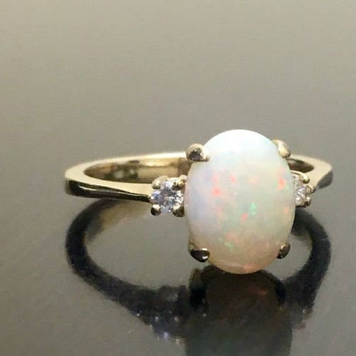 14K Yellow Gold Diamond Opal Engagement Ring Art Deco Opal - Etsy