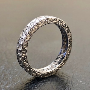 Platinum Engraved Eternity Engagement Deco Diamond Band - Platinum Antique Style Scroll Engraved Band - All The Way Around Diamond Deco Band