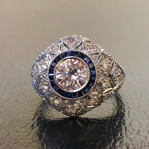 Handmade Platinum Blue Sapphire Diamond Target Ring - Art Deco Platinum Sapphire Diamond Engagement Ring - Sapphire Halo Platinum Ring