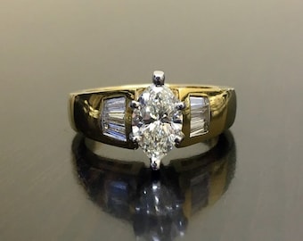 18K Yellow Gold Marquise Diamond Engagement Ring - 18K Gold Diamond Wedding Ring - Art Deco Marquise Diamond Ring - Yellow Gold Diamond Ring