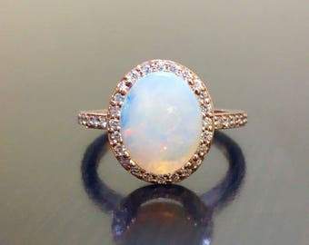 18K Rose Gold Halo Diamond Opal Engagement Ring -  Rose Gold Opal Diamond Wedding Ring - Art Deco Rose Gold Opal Ring - Halo Diamond Ring