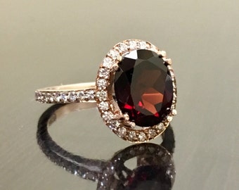 Anillo de diamantes de 14K rosa diamante anillo granate - Art Deco oro rosa granate diamante anillo de bodas - Halo - anillo oro rosa granate