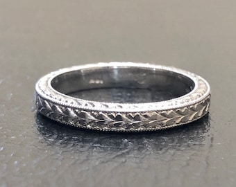 Vintage Inspired Art Deco Platinum Entirely Hand Engraved Engagement Band - Antique Style Double Leaf Engraved Platinum Wedding Band