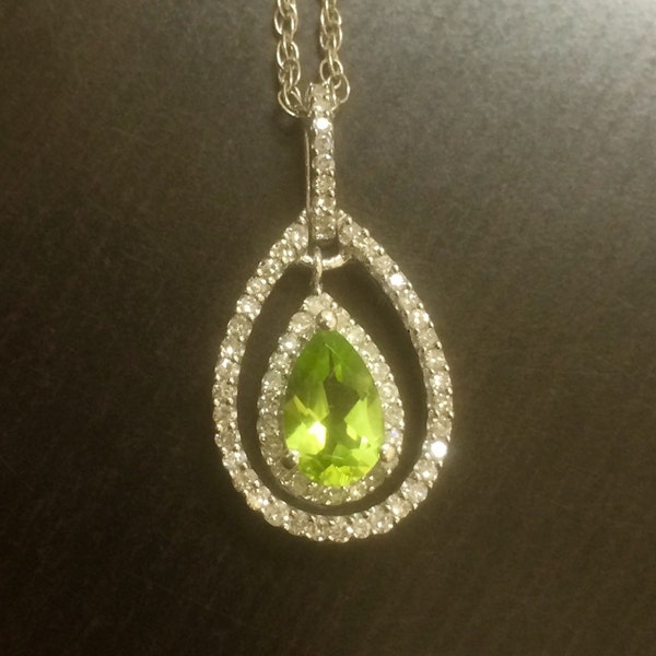 Halo Diamond Peridot Necklace - Pear Shape Peridot Diamond Necklace - Peridot Drop Necklace - Diamond Halo Necklace - Peridot Pendant