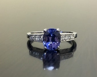 14K White Gold Art Deco Diamond Tanzanite Engagement Ring - Art Deco Tanzanite Diamond Wedding Ring - Diamond Art Deco Blue Tanzanite Ring