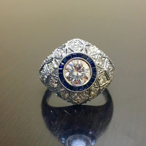 Platinum Art Deco Blue Sapphire Diamond Engagement Ring - Art Deco Platinum Sapphire Diamond Wedding Ring - Halo Diamond Platinum Ring