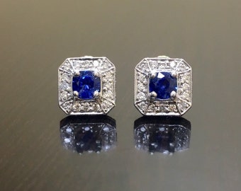 Art Deco 14K White Gold Blue Sapphire Halo Diamond Earrings - 14K Gold Art Deco Diamond Sapphire Earrings - Diamond Sapphire Stud Earrings