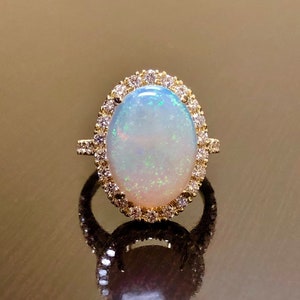 14K Yellow Gold Huge Australian Opal Halo Diamond Engagement Ring - Entirely Handmade 14K Gold Art Deco Diamond Genuine Opal Wedding Ring
