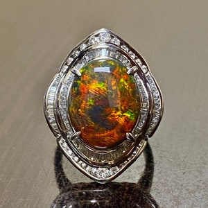 Art Deco Platinum Baguette Diamond GIA Certified 8.70 Carat Lightning Ridge Black Opal Engagement Ring - GIA Australian Black Opal Ring