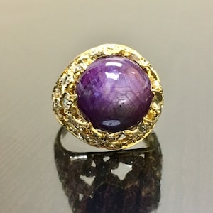 Art Deco Star Ruby Diamond Engagement Ring - 18K Yellow Gold Diamond Ruby Wedding Ring - 18K Diamond Yellow Gold Ruby Ring - Star Ruby Ring
