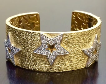 18K Yellow Gold Cuff Diamond Bracelet - 18K Gold Diamond Bangle Bracelet - 18K Star Diamond Bracelet - 18K Gold Bangle Diamond Cuff Bracelet