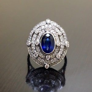Art Deco Platinum Halo Sapphire Diamond Engagement Ring - Platinum Sapphire Art Deco Diamond Wedding Ring - Halo Diamond Platinum Ring