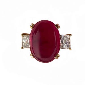 Bague de fiançailles en or jaune 18 carats avec diamant, rubis ovale cabochon de 6,69 carats certifié GIA