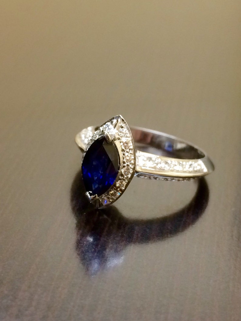 Art Deco Engagement Ring 18K White Gold Ceylon Blue Sapphire - Etsy