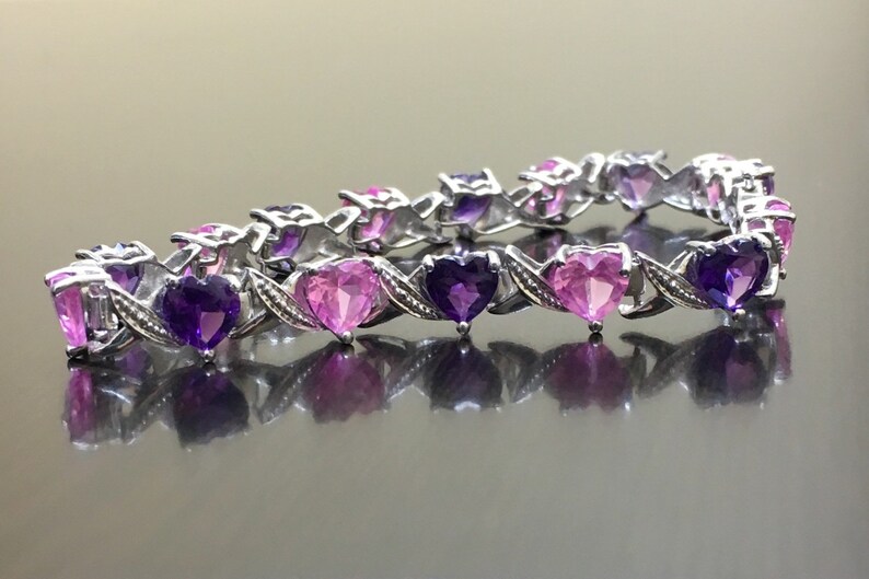 Sterling Silver Pink Topaz Heart Amethyst Bracelet - Amethyst Topaz Bracelet - Amethyst Heart Pink Topaz Bracelet - Heart Bracelet bild 4