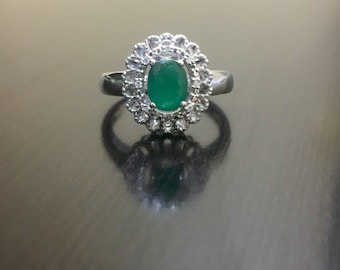 Halo Diamond Emerald Engagement Ring - Art Deco Emerald Diamond Wedding Ring - Halo Emerald Diamond Ring - Silver Diamond Emerald Ring