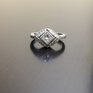 Art Deco Platinum Princess Cut Diamond Engagement Ring - Platinum Art Deco Diamond Wedding Ring - Princess Cut Hand Engraved Platinum Ring