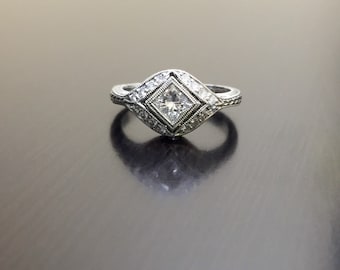 Art Deco Platinum Princess Cut Diamond Engagement Ring - Platinum Art Deco Diamond Wedding Ring - Princess Cut Hand Engraved Platinum Ring