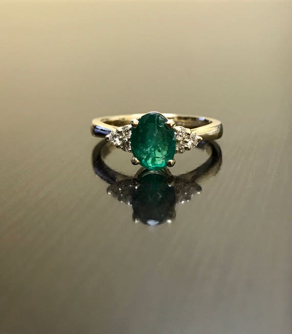 14K Gold Art Deco Diamond Emerald Engagement Ring 