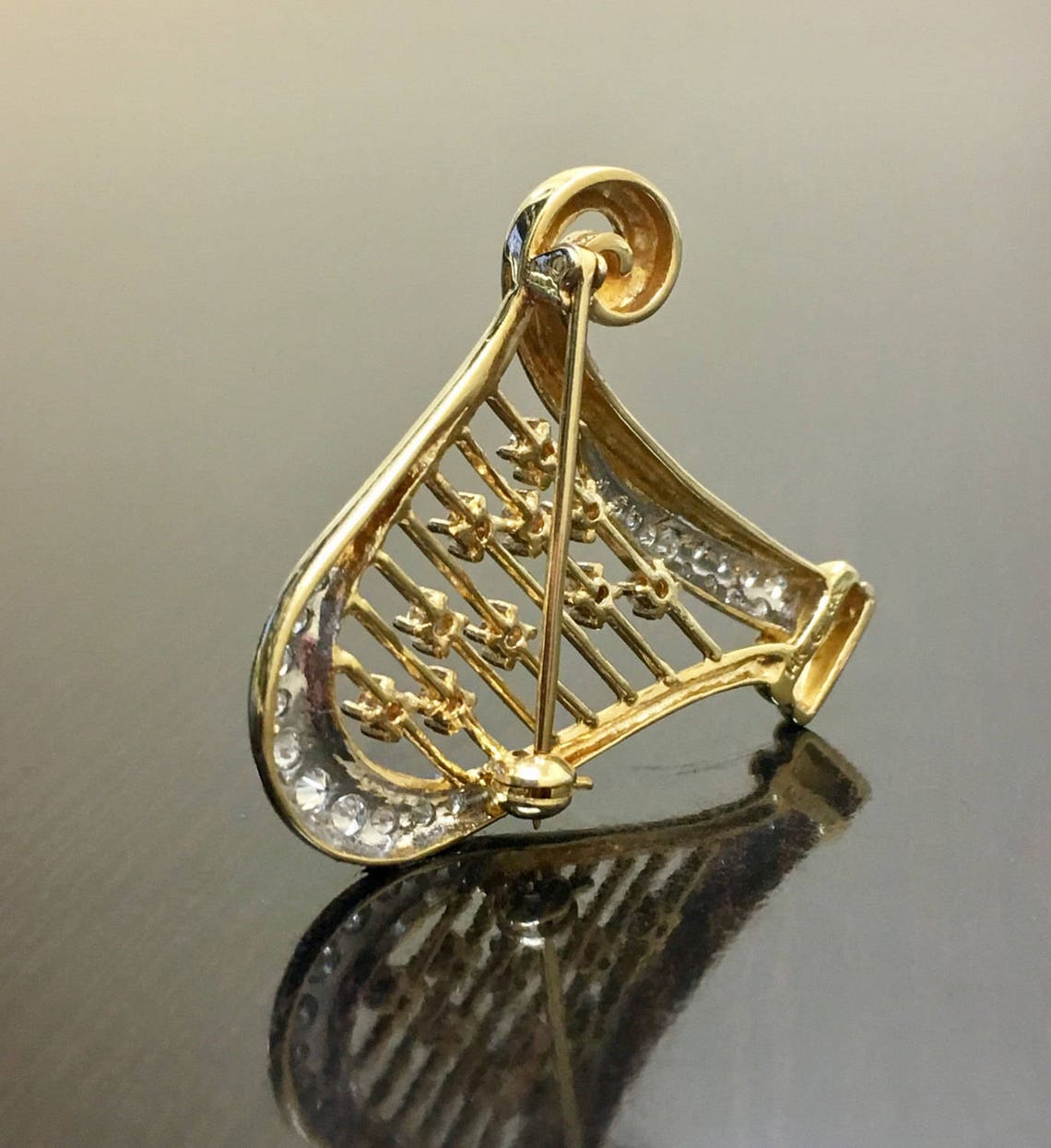 14K Yellow Gold Harp Diamond Brooch 14K Gold Diamond Harp - Etsy