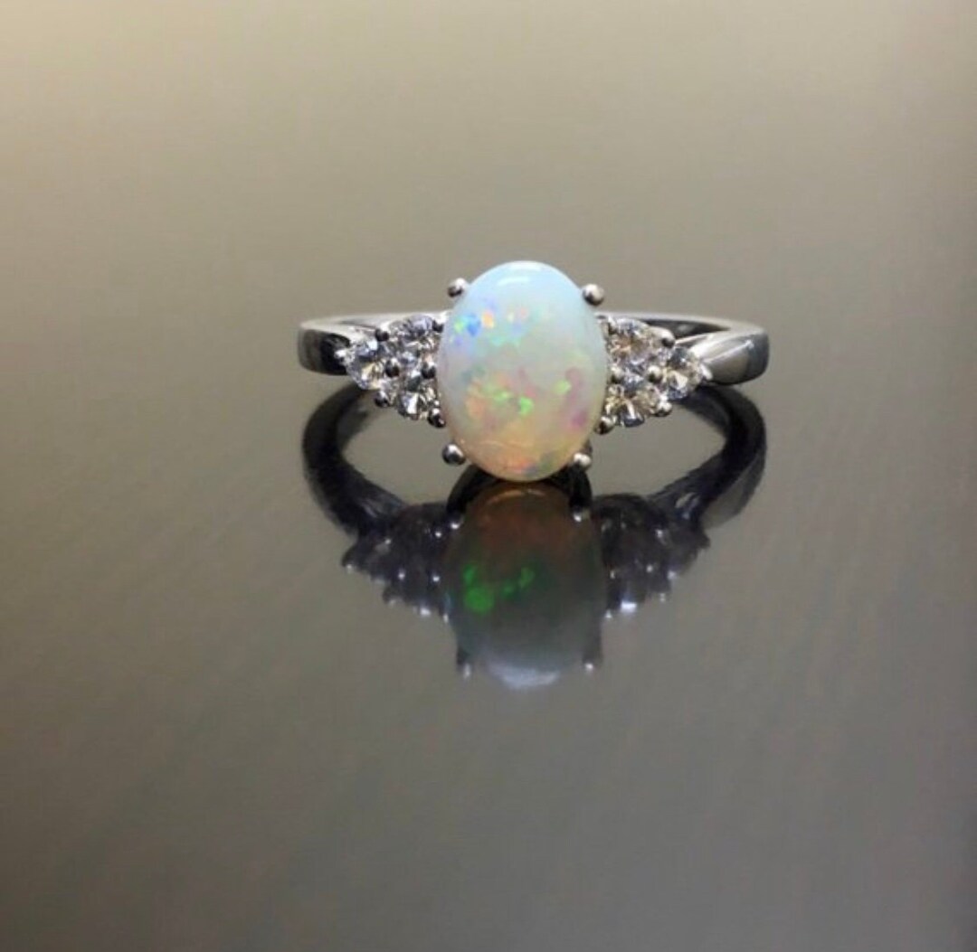 14K White Gold Diamond Art Deco Australian Opal Engagement - Etsy