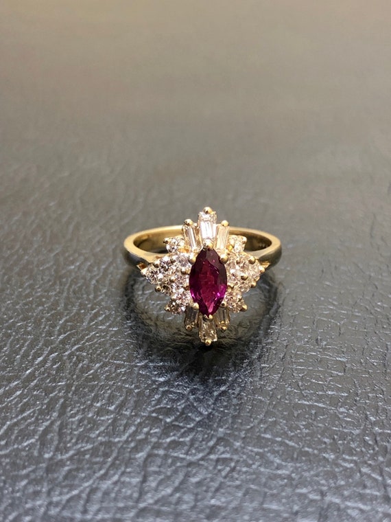18K Yellow Gold Diamond Ruby Engagement Ring - 14… - image 6