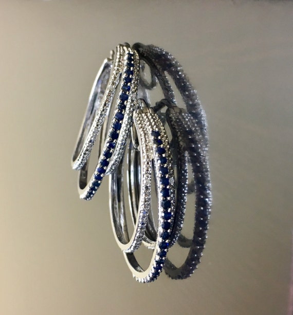 Blue Sapphire Earrings - Diamond Sapphire Hoop Earrings - Sapphire Diamond Earrings - Sterling Silver Hoop Earrings - Sapphire Hoops