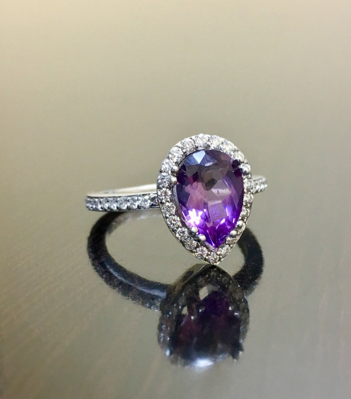 14K White Gold Amethyst & White Diamond Halo Engagement Ring - Size 8, Bridal Wedding Ring