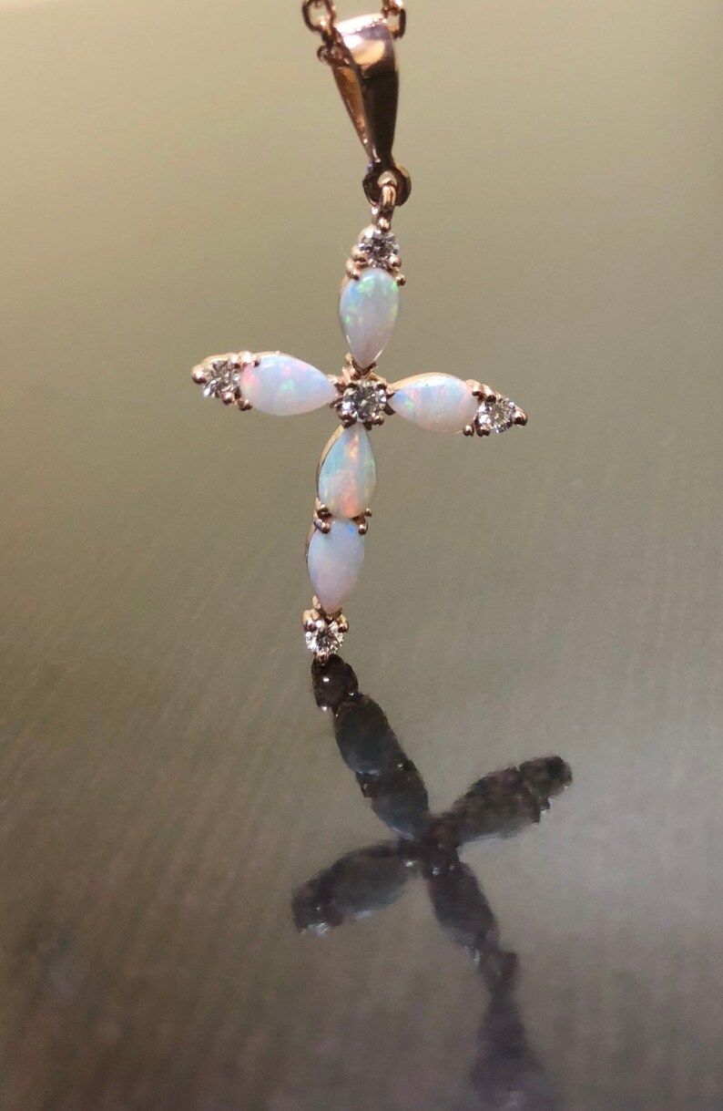 18K Rose Gold Diamond Opal Necklace 18K Rose Gold Opal Cross | Etsy