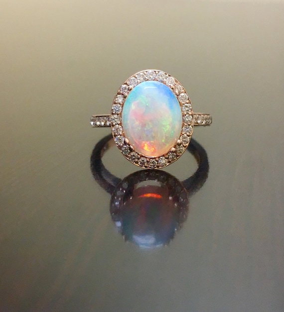 18K Rose Gold Halo Diamond Opal Engagement Ring Rose Gold | Etsy