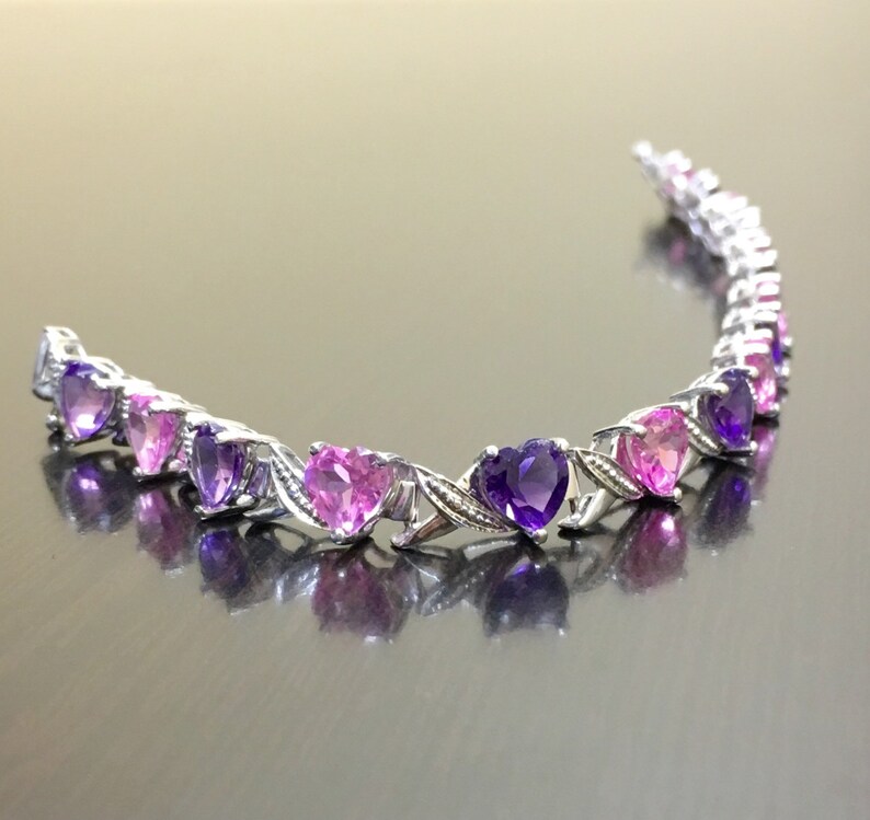 Sterling Silver Pink Topaz Heart Amethyst Bracelet - Amethyst Topaz Bracelet - Amethyst Heart Pink Topaz Bracelet - Heart Bracelet bild 2