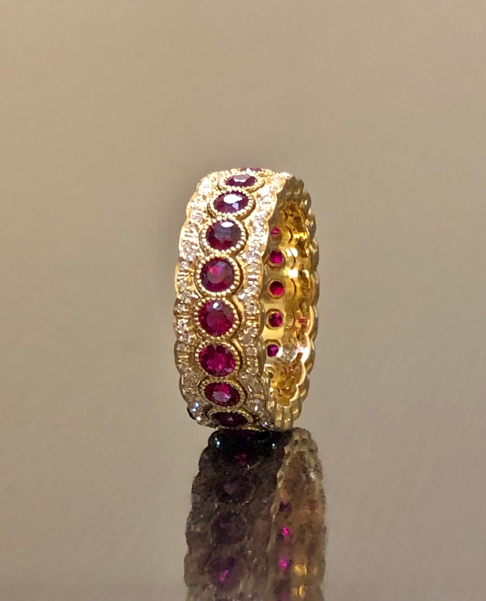 18K Yellow Gold Art Deco Eternity Diamond Ruby Engagement Band ...